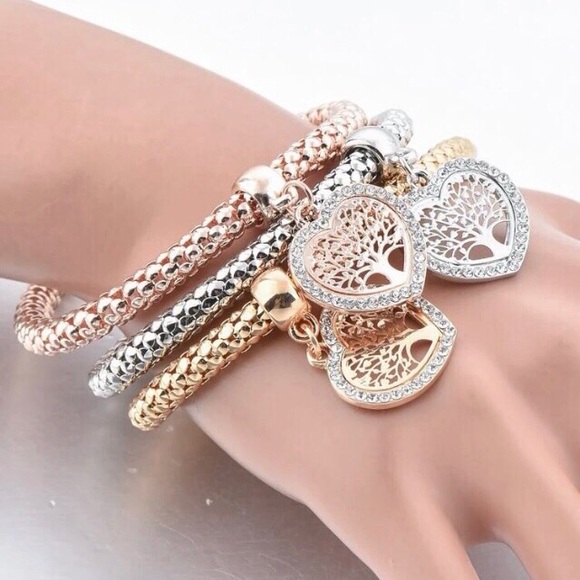 ‼️ RE-STOCK‼️🌳 Tree of Life -Heart Charm Bangle 3 Piece Bracelet Set NWT - Picture 5 of 14